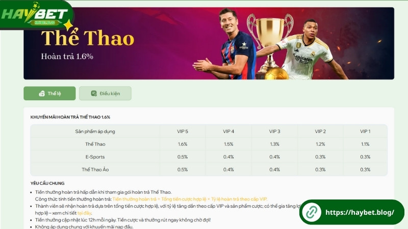 Khuyến mãi Haybet hoàn trả vô tận 1.6% Khuyến mãi Haybet hoàn trả vô tận 1.6%